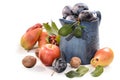 Plum in a garden metal jug and other fruits
