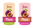 Plum Jam illustration, vector sticker emblem in different colors - Ripe fruit image on syrup or wine label. Royalty Free Stock Photo