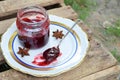 Plum jam with star anise and cinnamon. Fruit marmalade. Autumn canning and preserving. Conservation of harvest. Organic healthy ve Royalty Free Stock Photo