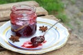 Plum jam with star anise and cinnamon. Fruit marmalade. Autumn canning and preserving. Conservation of harvest. Organic healthy ve Royalty Free Stock Photo