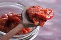 Plum jam on a wooden spoon Royalty Free Stock Photo