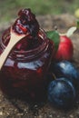 Plum jam in the wooden spoon Royalty Free Stock Photo