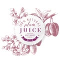 Plum juice paper emblem over hand drawn plum branch