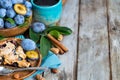 Plum pie with cinamon and almonds background