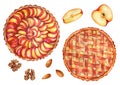 Plum pies and American apple pie on a white background. Watercolor illustration