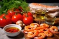 plum tomatoes, shrimps and bread, raw ingredients for shrimp bruschetta
