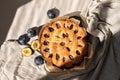 Plum torte on neutral beige table and linen blanket with aesthetic lifestyle sunlight shadows. Traditional autumn homemade fruit