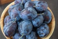 Plum variety Hungarian. Fruit harvest on the table in the kitchen. Autumn blue plum. Vitamin food bowl
