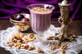 plum and walnut smoothie in an elegant crystal goblet