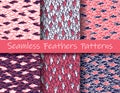 Plumage patterns set. Red, white, dark. Colorful illustration of seamless feathers patterns in modern hand drawn style