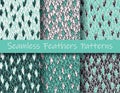 Plumage patterns set. Turquoise, white, dark. Colorful illustration of seamless feathers patterns in modern hand drawn