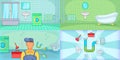 Plumber banner set horizontal, cartoon style