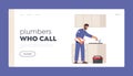 Plumber Call Master Fix Sanitary, Plumbing Work Landing Page Template. Handyman Character Fixing Broken Sink