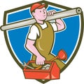 Plumber Carrying Pipe Toolbox Crest Cartoon