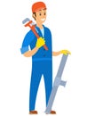 Men Holding Tube and Wrench, Plumber Worker Vector Royalty Free Stock Photo