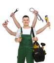 Plumber with different tools on background. Multitasking handyman