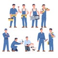 Plumber, Electrician and Repairman in Blue Uniform with Tool and Instrument Working and Fixing Vector Set