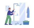 Plumber fixing broken pipes in bathroom, flat vector illustration isolated.