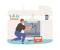 Plumber fixing and repairing plumbing. Workman installing pipe under kitchen sink. Professional pipeline service. Flat Royalty Free Stock Photo