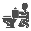 Plumber fixing toilet solid icon, house repair concept, Plumbing service sign on white background, repairman and toilet