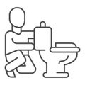 Plumber fixing toilet thin line icon, house repair concept, Plumbing service sign on white background, repairman and