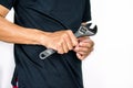 Plumber holding adjustable wrench Royalty Free Stock Photo