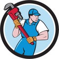 Plumber Holding Pipe Wrench Circle Cartoon