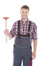 Plumber Holding Plunger Over White Background