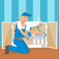 Plumber Installing Water Filter Flat Illustration