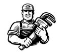 Plumber with large wrench. Worker and tool. Construction work, black and white vector illustration Royalty Free Stock Photo