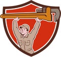 Plumber Lifting Monkey Wrench Crest Cartoon Royalty Free Stock Photo