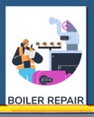 Plumber making some notes in his clipboard, Boiler repair cartoon vector poster, engineer inspecting heating system Royalty Free Stock Photo