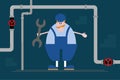 Plumber male with ginger mustache in blue coverall cartoon character with wrench on the background of pipes. Flat design.