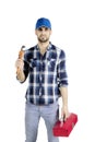Plumber man carrying a wrench on studio Royalty Free Stock Photo