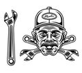 Plumber man head with mustache in cap hat and adjustable wrench vector objects or design elements in monochrome style Royalty Free Stock Photo