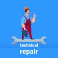 Plumber mechanic handyman standing on wrench technical repair support concept on blue background flat Royalty Free Stock Photo