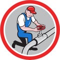 Plumber Pipe Worker Turning on Flow Circle Cartoon Royalty Free Stock Photo