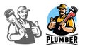 Plumber with plumbing wrench. Technical service logo, emblem. Construction, Repair work vector illustration