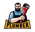 Plumber with plumbing wrench. Emblem, logo. Construction, Repair work vector illustration