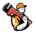 Plumber with plumbing wrench logo. Technical service logo, emblem. Construction, Repair work vector illustration