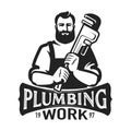 Plumber with plumbing wrench. Emblem, logo in retro style. Repair work vector illustration