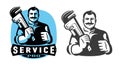 Plumber with plumbing wrench. Technical service emblem, logo. Construction, Repair work vector illustration