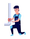 Plumber. Professional plumbing work service. Cartoon handymen repairing pipes with tool. Repair service and maintenance