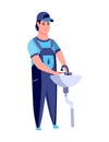 Plumber. Professional plumbing work service. Cartoon handymen repairing washbasin with tool. Repair service and