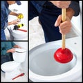 Plumber repairing a flush toilet Royalty Free Stock Photo