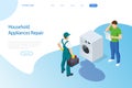 Plumber repairing washing machine concept. Isometric Washing machine repair.