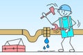 Plumber repairs a damaged leaking pipe - Cartoon man concept illustration