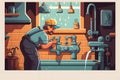 A plumber repairs a faucet