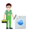 Plumber repairs washing machine. Breakdown of household appliances