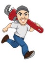 a plumber running holding a pipe wrench cartoon